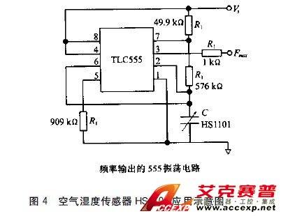 圖4 空氣濕度傳感器HS1101應用示意圖